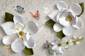 Фотообои Белые 3D цветы и бабочки