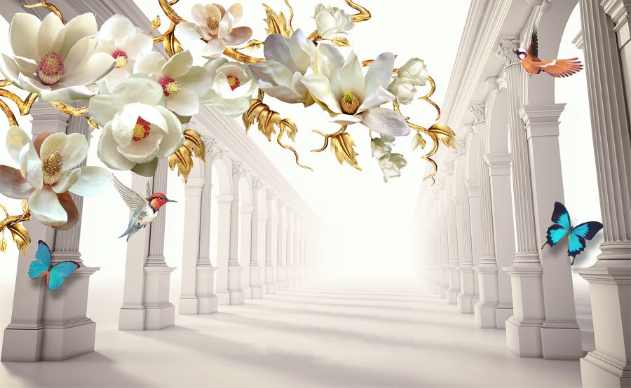 Фотообои 3D Цветы и колонны с яркими бабочками
