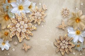 Фреска 3D цветы, украшенные алмазами