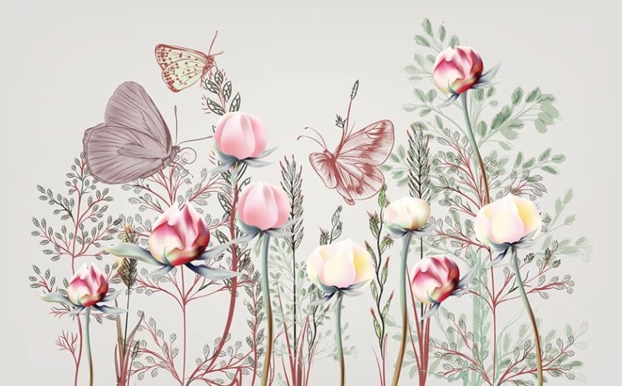 Фотообои Бутоны и бабочки на фоне растений